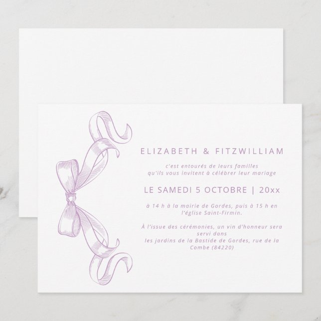Invitación Romántico Bow | Lilac Mariage de (Anverso / Reverso)