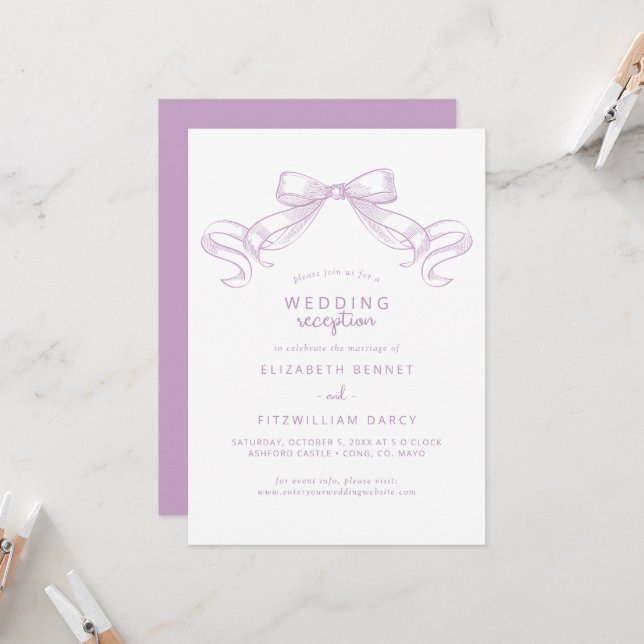 Invitación Romántico Bow | Recepción de bodas lilac (Anverso/Reverso In Situ)