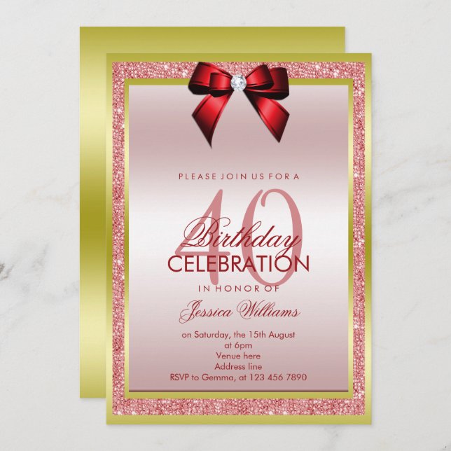 Invitación Romántico Bow Rojo y Purpurina Sparkly 40 cumpleañ (Anverso / Reverso)