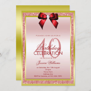 Invitación Romántico Bow Rojo y Purpurina Sparkly 40 cumpleañ