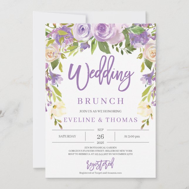 Invitación Romántico brunch boda floral violeta (Anverso)