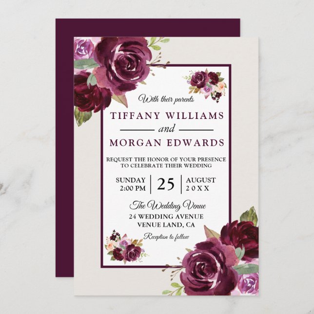 Invitación Romántico Burgundy Berry Flores Elegante Boda (Anverso / Reverso)