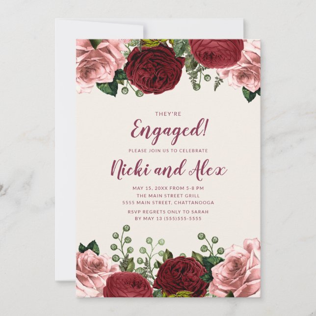 Invitación Romántico Burgundy Blush Rosa Floral Compromiso (Anverso)