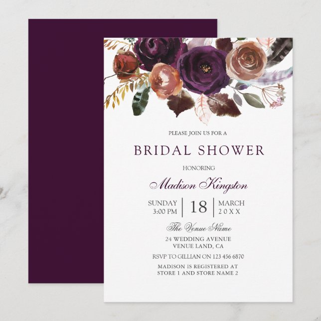 Invitación Romántico Burgundy Purple Plum Floral Bridal Showe (Anverso / Reverso)