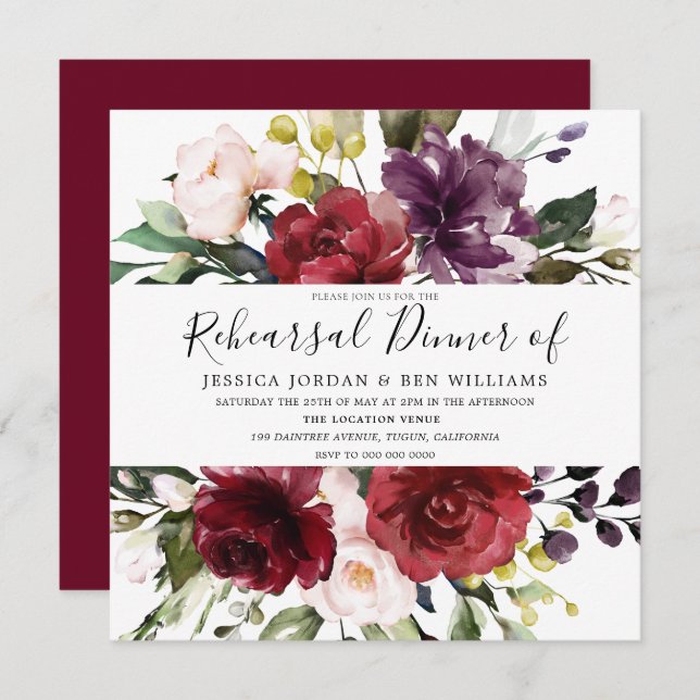 Invitación Romántico Burgundy Red Watercolor Ensayo Cena (Anverso / Reverso)