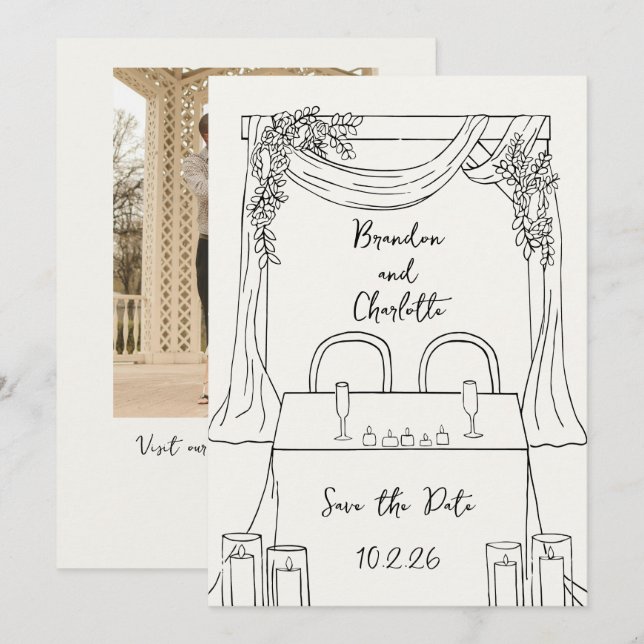 Invitación Romántico Caprichoso Dibujado a Mano Fecha para Gu (Anverso / Reverso)