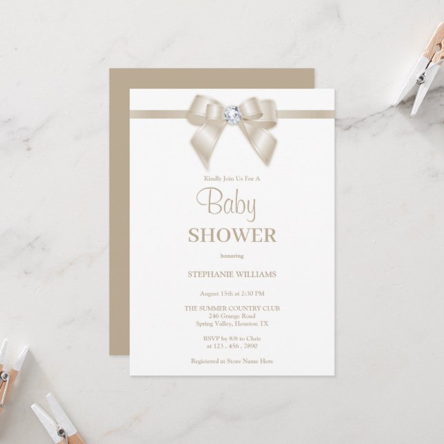 Invitación Romántico Champagne Jewel Bow Baby Shower (Anverso/Reverso In Situ)