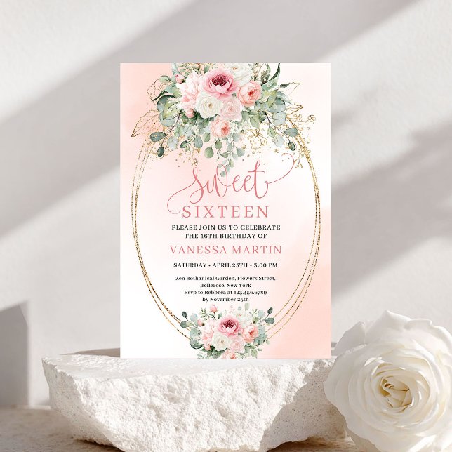 Invitación Romántico Chic Rosa y Dorado Cumpleaños Dieciséis  (Romantic Blush and Gold Sweet Sixteen Floral Invite)