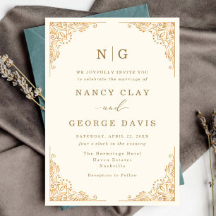 Invitación Romántico clásico Monograma Ornate Cream Boda