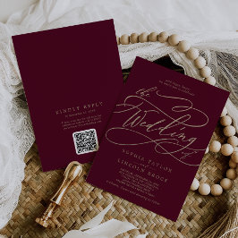 Invitación Romántico Código QR Borgoña Todo En Un Boda