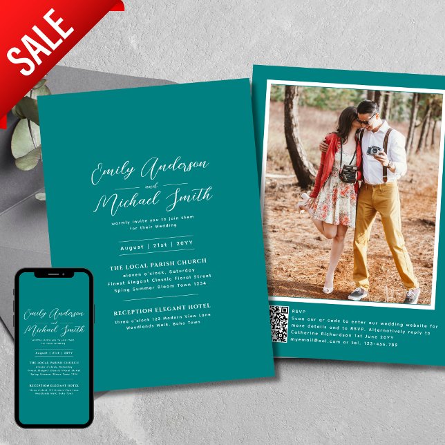 Invitación Romántico código QR de foto en teal RSVP boda  (Subido por el creador)