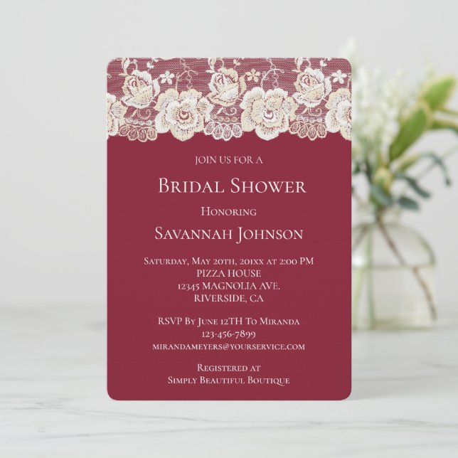 Invitación Romántico Crema Blanco Rojo Lace Floral Brillante  (Anverso de pie)