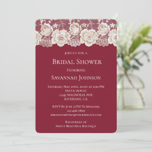 Invitación Romántico Crema Blanco Rojo Lace Floral Brillante 