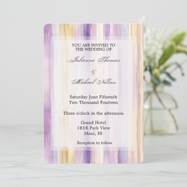 Invitación Romántico Crema Púrpura Iris Stripes Boda (Anverso de pie)