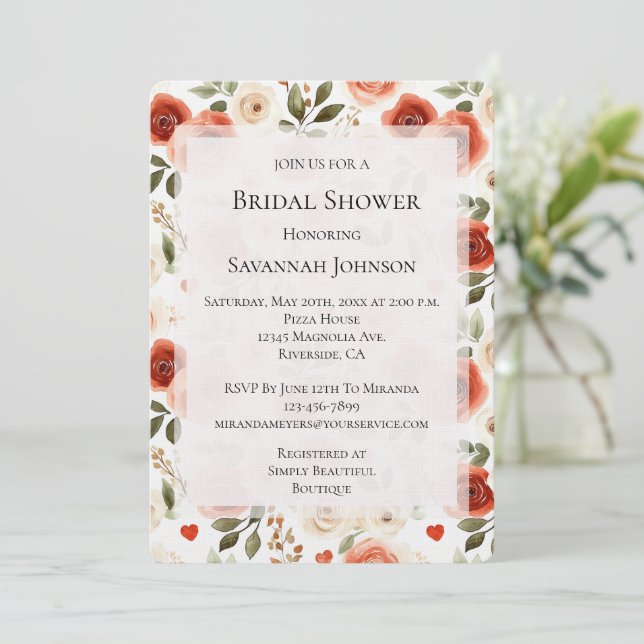 Invitación Romántico Crema Rojo Floral Bridal Shower (Anverso de pie)