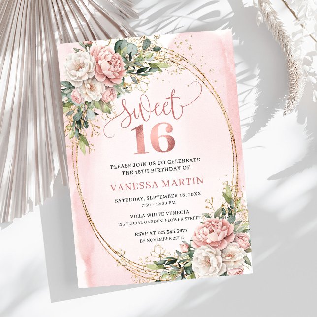Invitación Romántico Cumpleaños 16 Rosado Floral Verde (Romantic Rose Gold Floral Greenery Sweet Sixteen Invitation

)