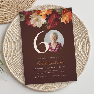 Invitación Romántico Cumpleaños 60 Floral Borgoña Foto