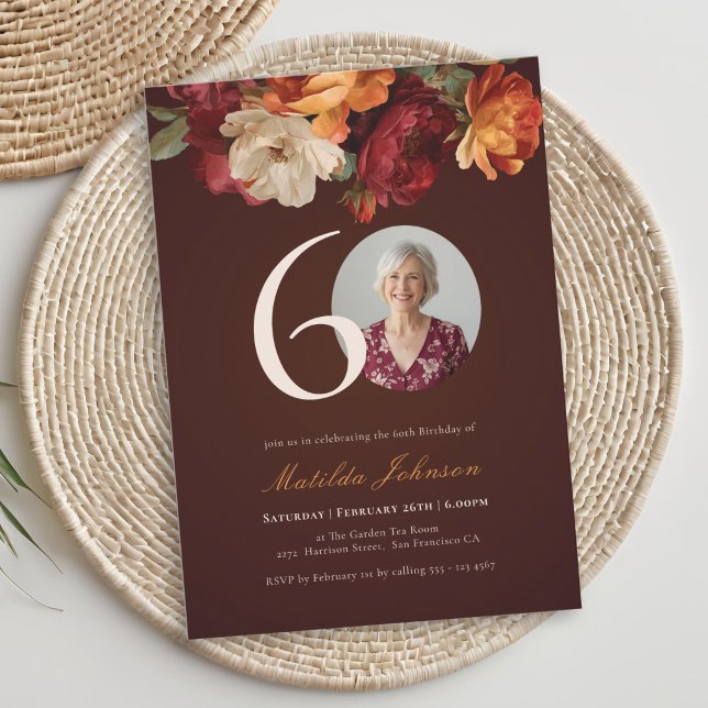 Invitación Romántico Cumpleaños 60 Floral Borgoña Foto (Romantic Burgundy Floral Photo 60th Birthday Invitation)