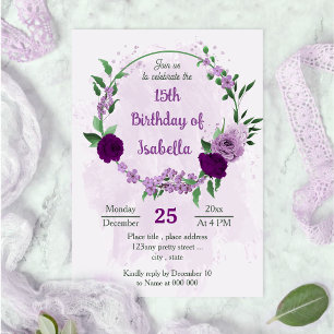 Invitación Romántico cumpleaños de flores púrpura