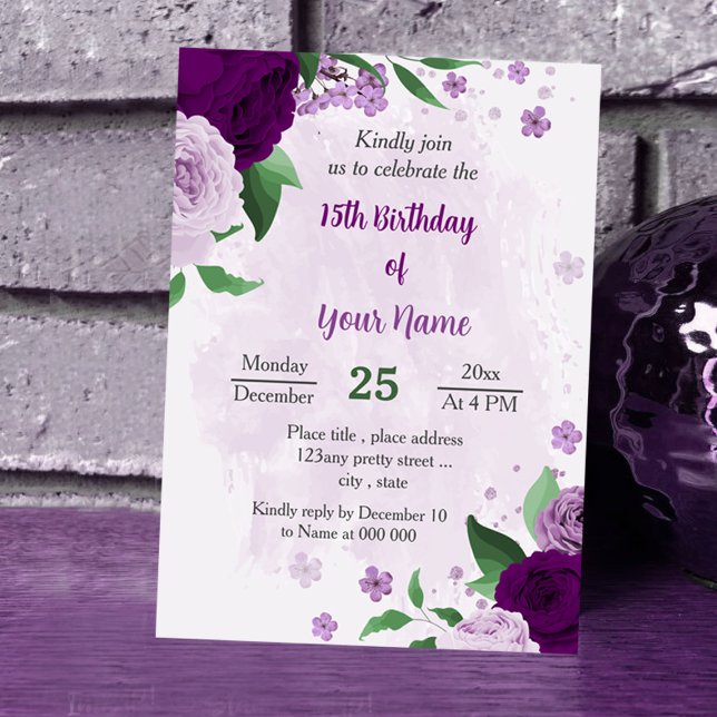 Invitación Romántico cumpleaños de flores púrpura (Subido por el creador)