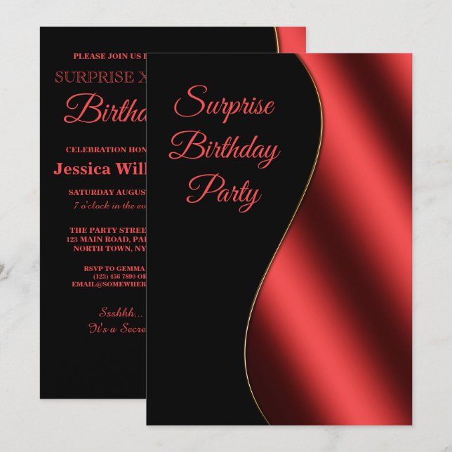 Invitación Romántico cumpleaños sorpresa de ola roja y negra (Anverso / Reverso)