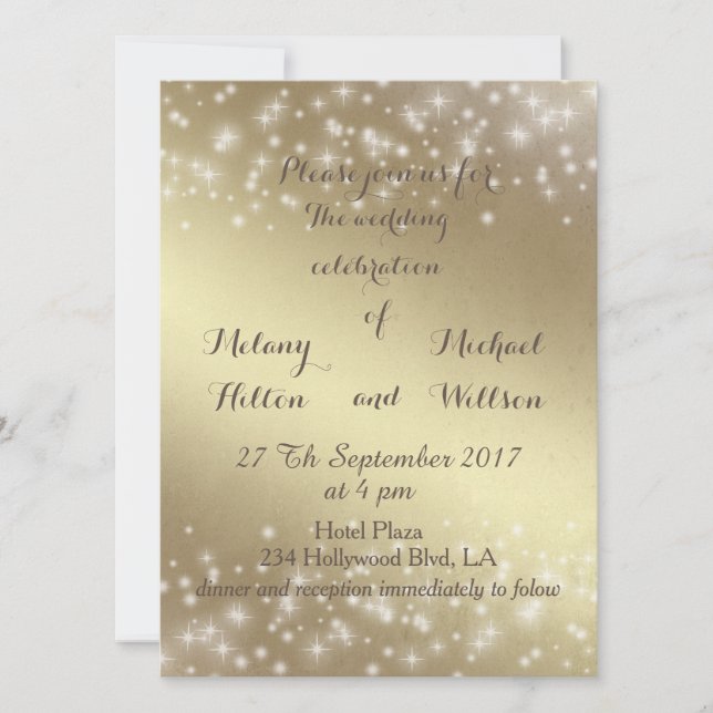 Invitación Romántico de moda chispas doradas boda (Anverso)