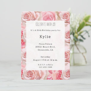 Invitación Romántico Día de Nacimiento Floral de Rosas Rosa