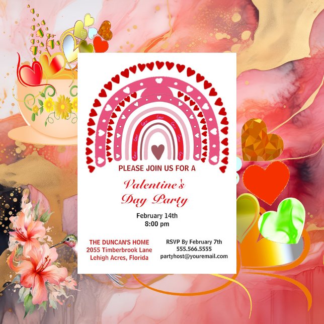 Invitación Romántico Día de San Valentín del arcoiris Fiesta  (Romantic Rainbow Valentines Day Hearts Party Invitation)