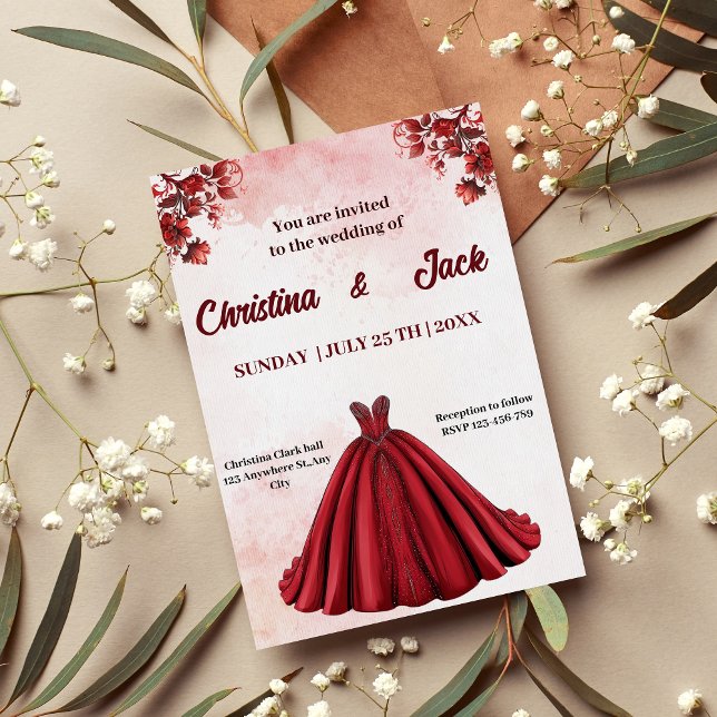 Invitación Romántico diseño floral Borgoña Boda de Ballgown (Subido por el creador)