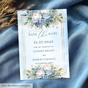 Invitación Romántico Dusty Blue White Gold Peonys Save Date