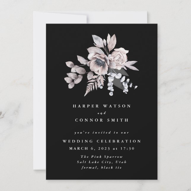 Invitación Romántico elegante acuarela Boda floral negro (Anverso)