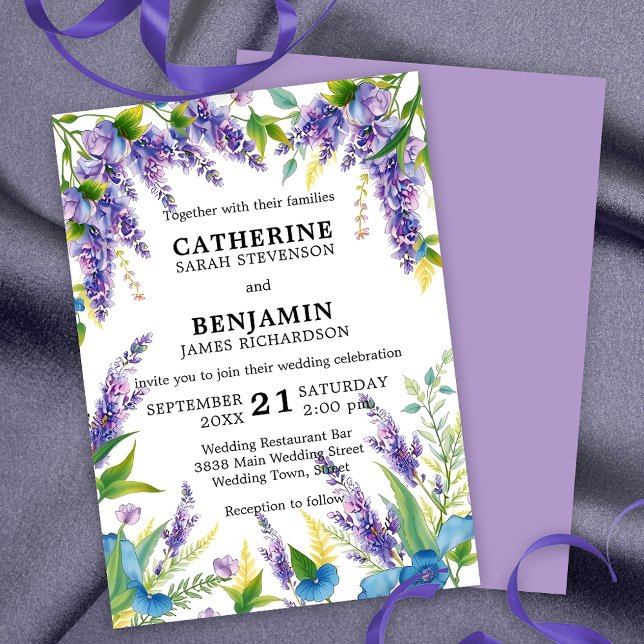 Invitación Romántico elegante Boda de glicinia morada y azul (Subido por el creador)