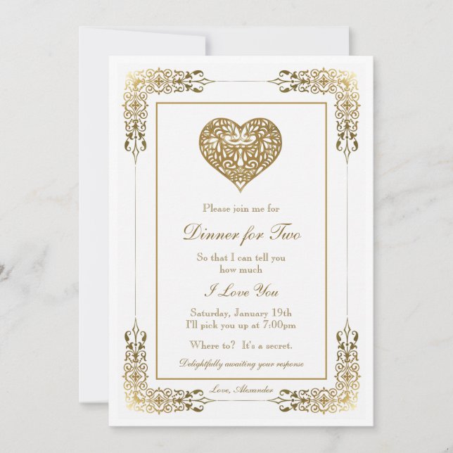 Invitación Romántico elegante cena de oro para dos (Anverso)