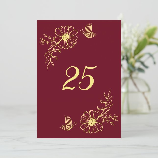 Invitación Romántico elegante flor de oro burdeos número de m (Anverso de pie)
