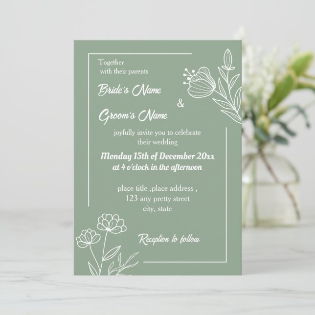 Invitación Romántico elegante sabio verde floral (Anverso de pie)