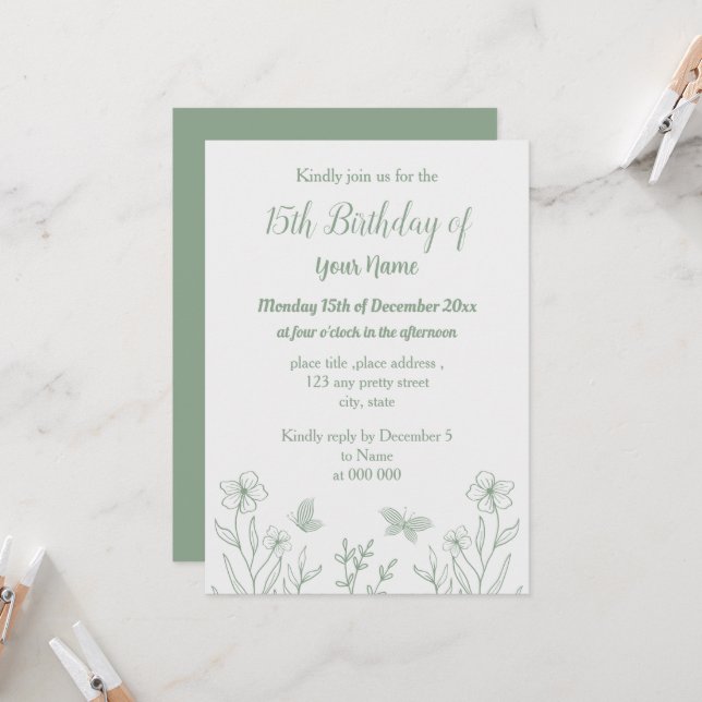 Invitación Romántico elegante sabio verde floral cumpleaños (Anverso/Reverso In Situ)