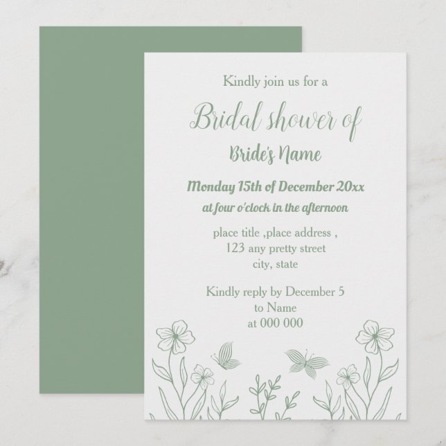 Invitación Romántico elegante salvia verde floral ducha de no (Anverso / Reverso)
