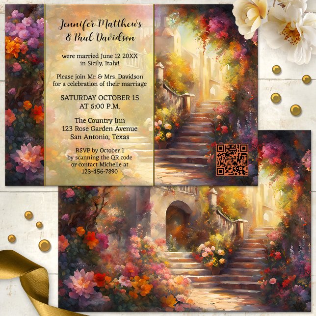 Invitación Romántico Elope italiano o Fiesta post matrimonio (Romantic post or after wedding invitation featuring an Italy inspired painting with lots of flowers)