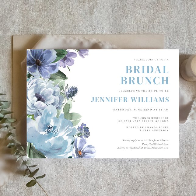 Invitación Romántico Fiesta de ducha de novia con flores azul (Subido por el creador)