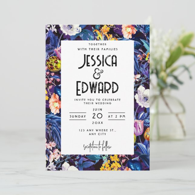 Invitación Romántico Floral Azul Elegante Boda Moda Negro (Anverso de pie)