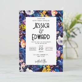 Invitación Romántico Floral Azul Elegante Boda Moda Negro