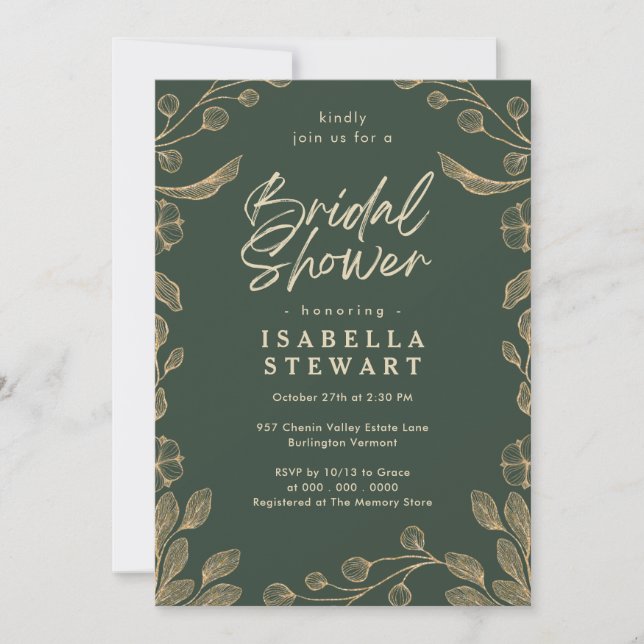 Invitación Romántico Floral Botánica Dark Green Bridal Shower (Anverso)