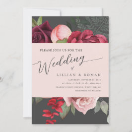 Invitación Romántico Floral Bridal Bouquet Boda Rosa y Gris