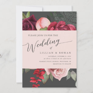 Invitación Romántico Floral Bridal Bouquet Boda Rosa y Gris
