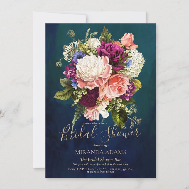 Invitación Romántico Floral Esmeralda Verde Oro Ducha de Novi (Anverso)