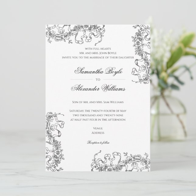 Invitación Romántico floral francés Rococo Boda blanco negro (Anverso de pie)