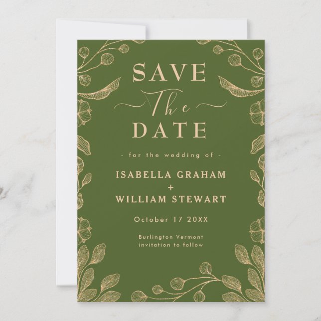 Invitación Romántico Floral Moss Green Botanical Save The Dat (Anverso)
