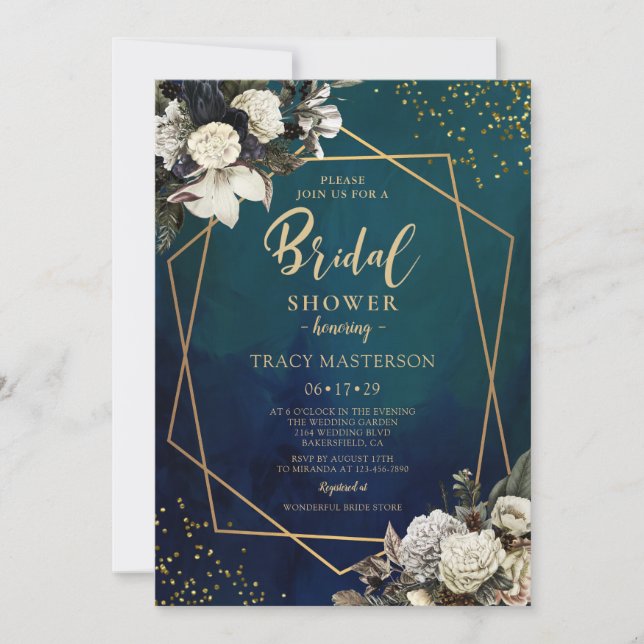 Invitación Romántico Floral Oro Wreath Brillante Ducha (Anverso)