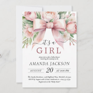 Invitación Romántico floral rosa pálido lazo Es una niña