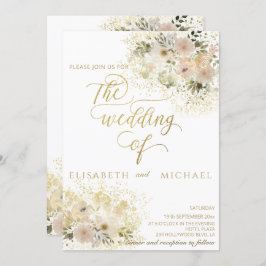 Invitación Romántico floral rosa suave caligrafía dorada